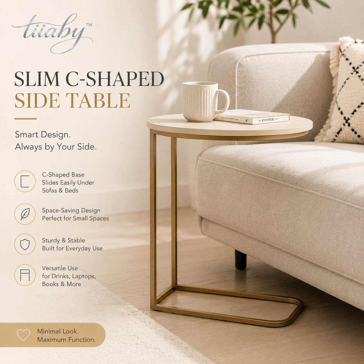 tiiaby slim c-shaped side table beside a modern sofa