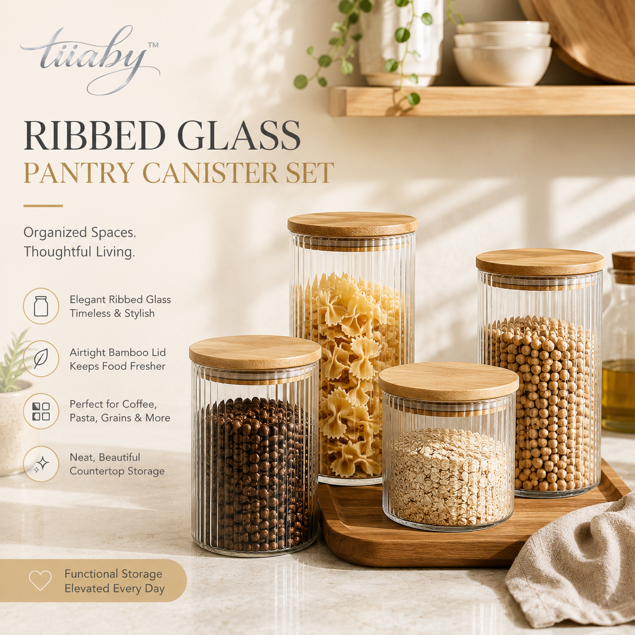 tiiaby ribbed glass pantry canister set with bamboo lids
