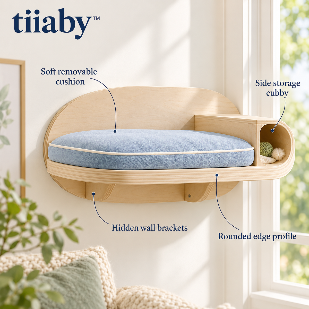 tiiaby SunCove Window Perch — Cushion, curved edges and side cubby