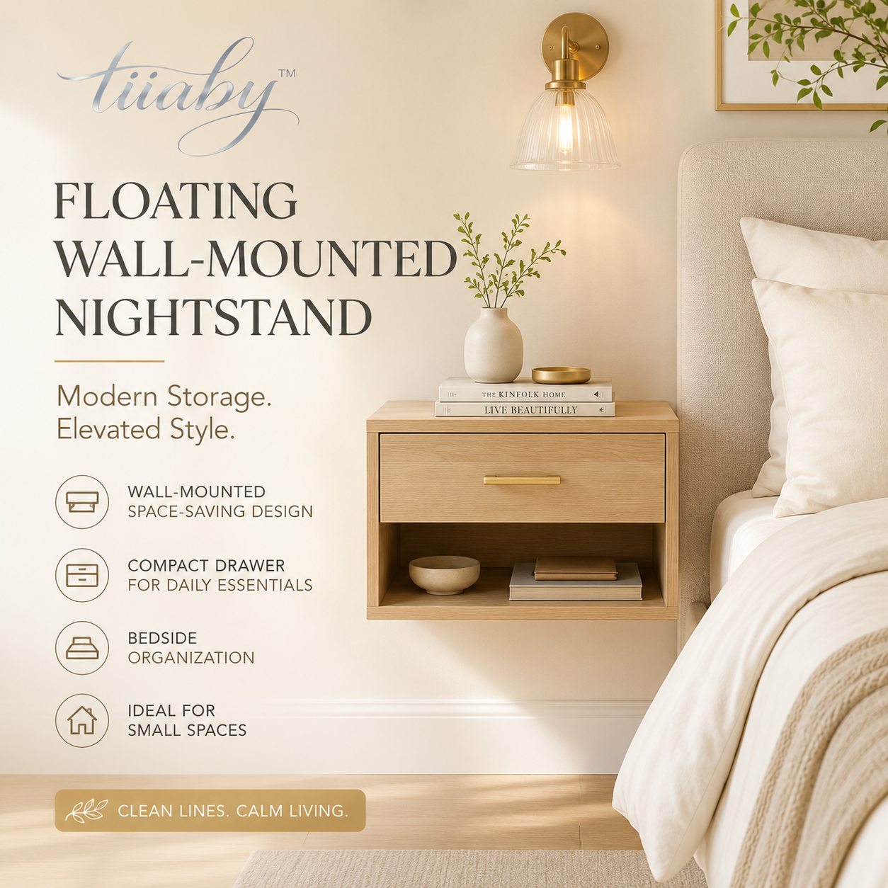tiiaby floating wall-mounted nightstand with drawer and open shelf