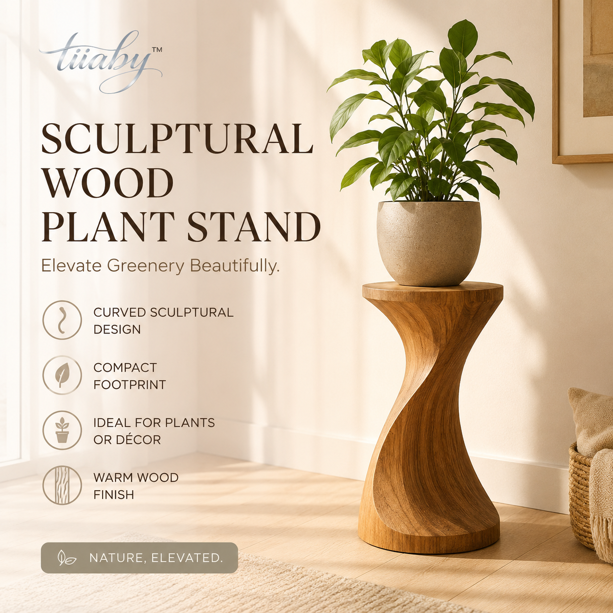 tiiaby sculptural wood plant stand with curved silhouette