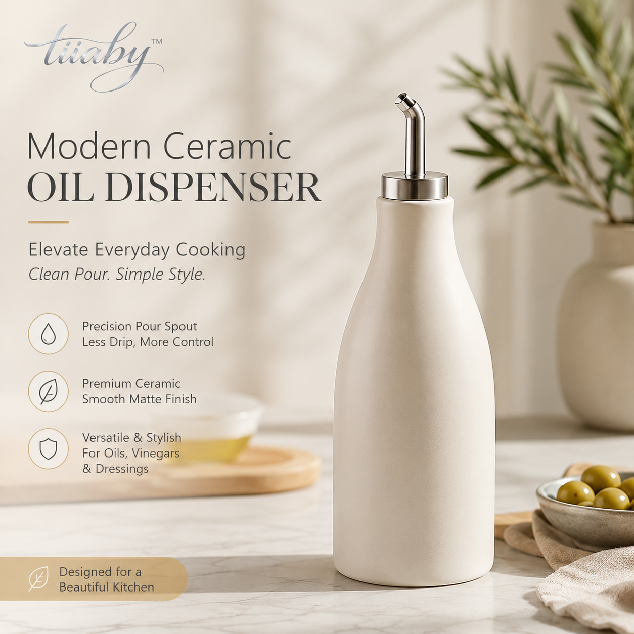 tiiaby modern ceramic oil dispenser with stainless steel pour spout