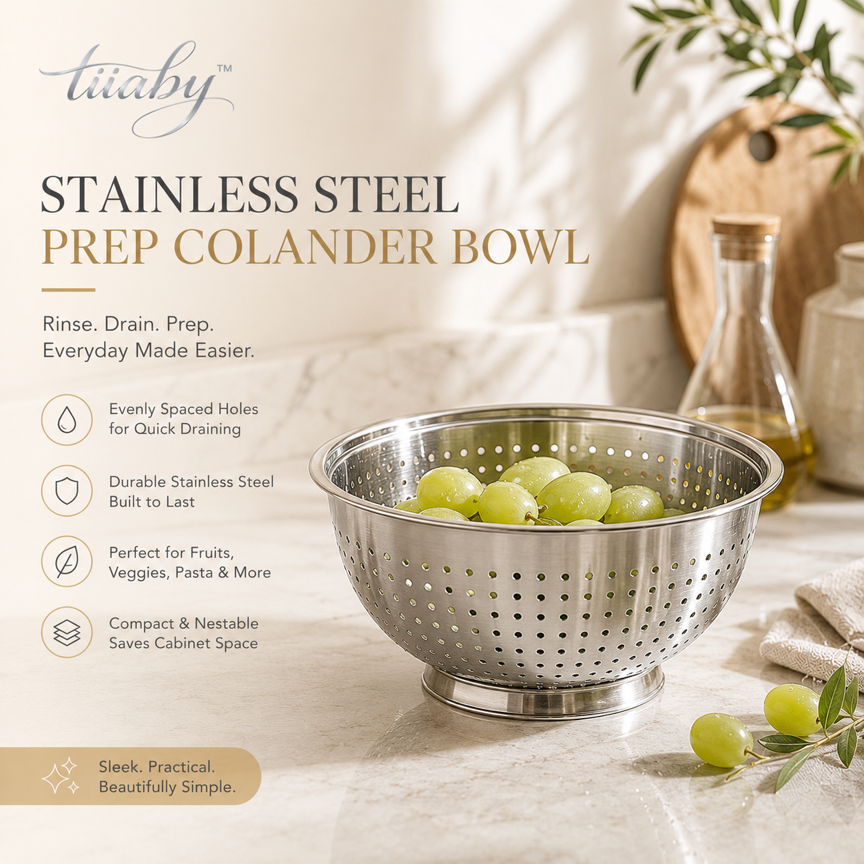 tiiaby stainless steel prep colander bowl for fruit vegetables and pasta