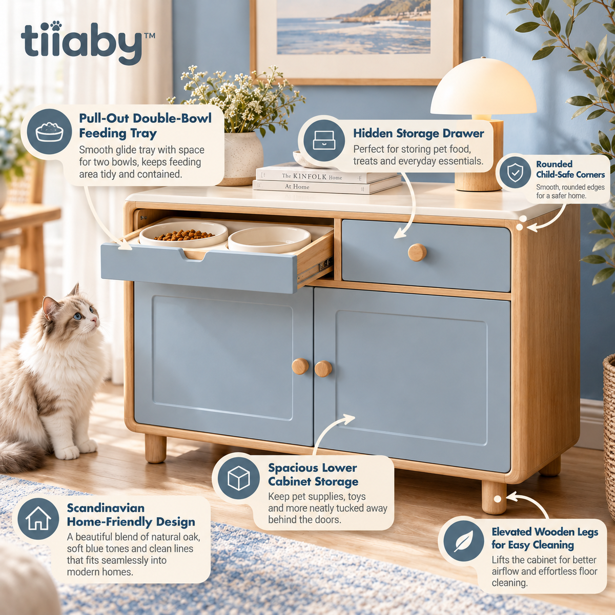 tiiaby Pantry Pet Feeding Console feature details